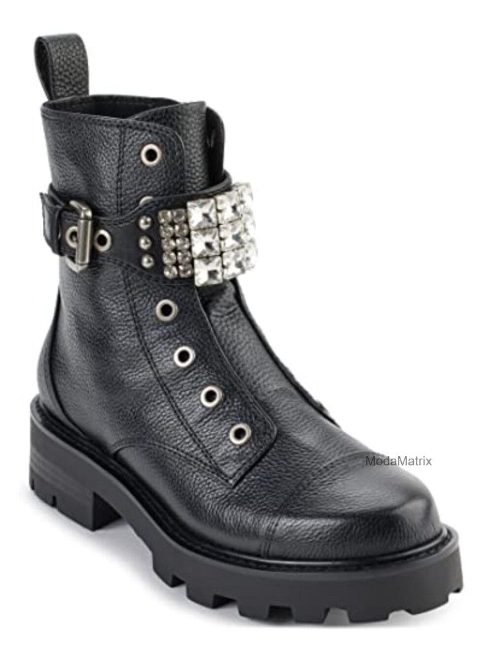 Karl Lagerfeld Lug-Sole Maeva Combat Boot Crystal Detail Leather Ankle Bootie